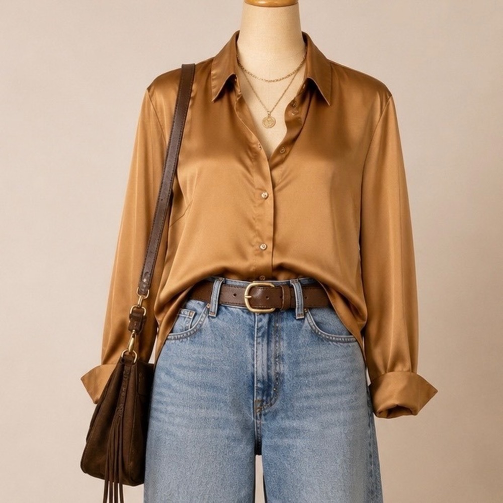 Banana Republic XL Bronze Satin Button Down Shirt Classic Fit Long Sleeve Blouse